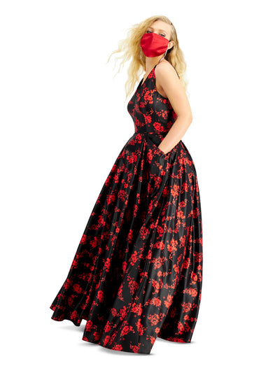 BLONDIE Womens Black Zippered Floral Sleeveless V Neck Full-Length Prom Fit + Flare Dress 1