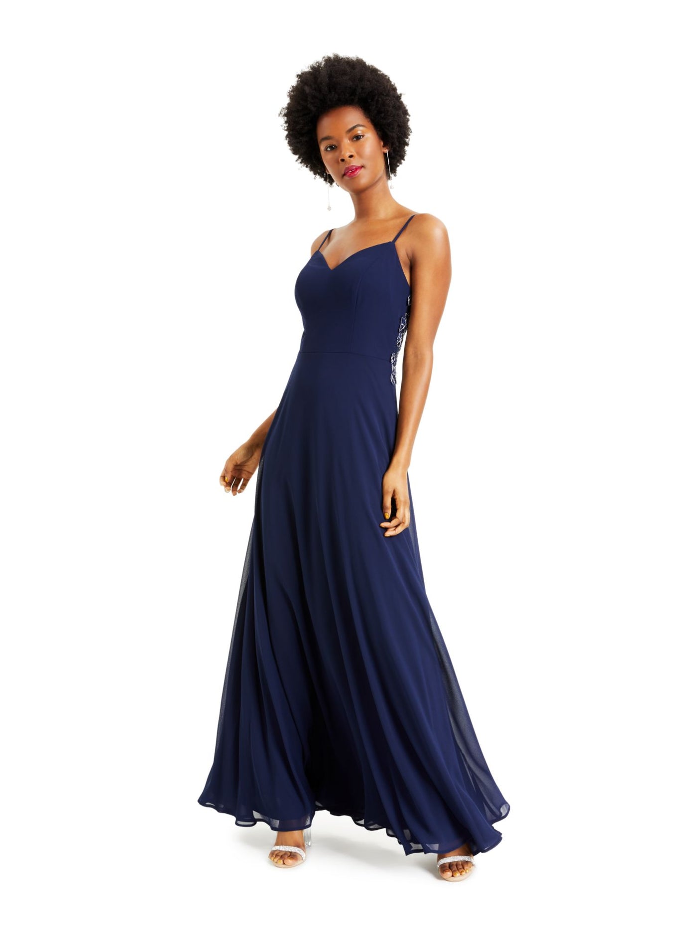 SPEECHLESS Womens Navy Low Back Sleeveless V Neck Full-Length Fit + Flare Prom Dress 3