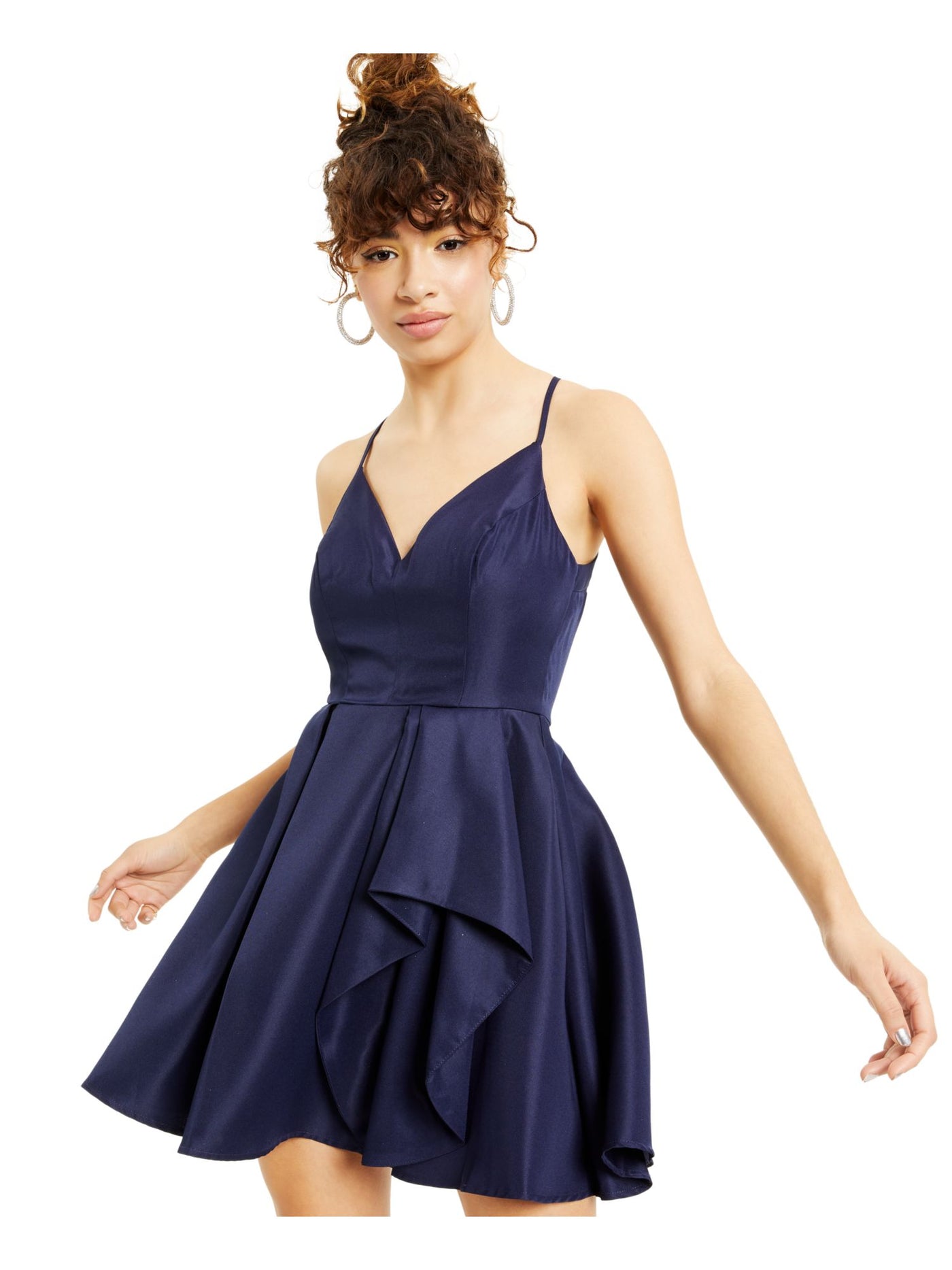 SPEECHLESS Womens Navy Stretch Zippered Pleated Illusion Back Spaghetti Strap V Neck Mini Prom Fit + Flare Dress 3