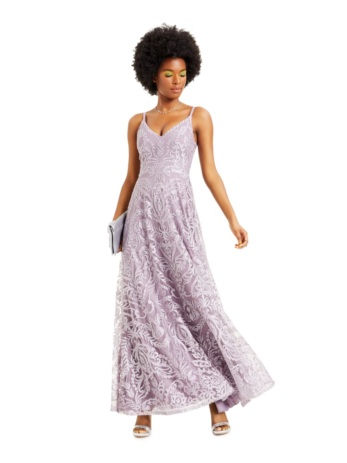 SPEECHLESS Womens Purple Lace Zippered Spaghetti Strap V Neck Full-Length  Fit + Flare Prom Dress Juniors 0