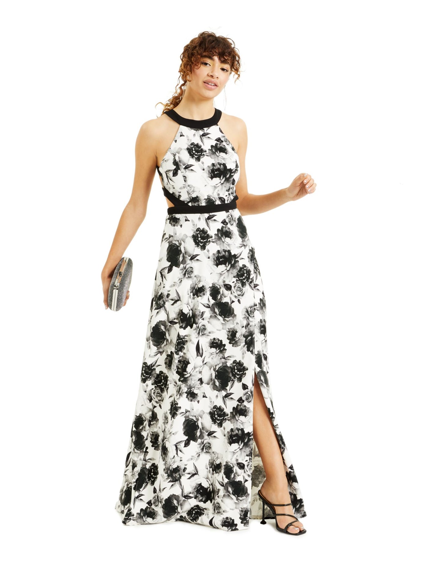SPEECHLESS Womens Black Slitted Gown Floral Sleeveless Halter Full-Length Prom Dress 0