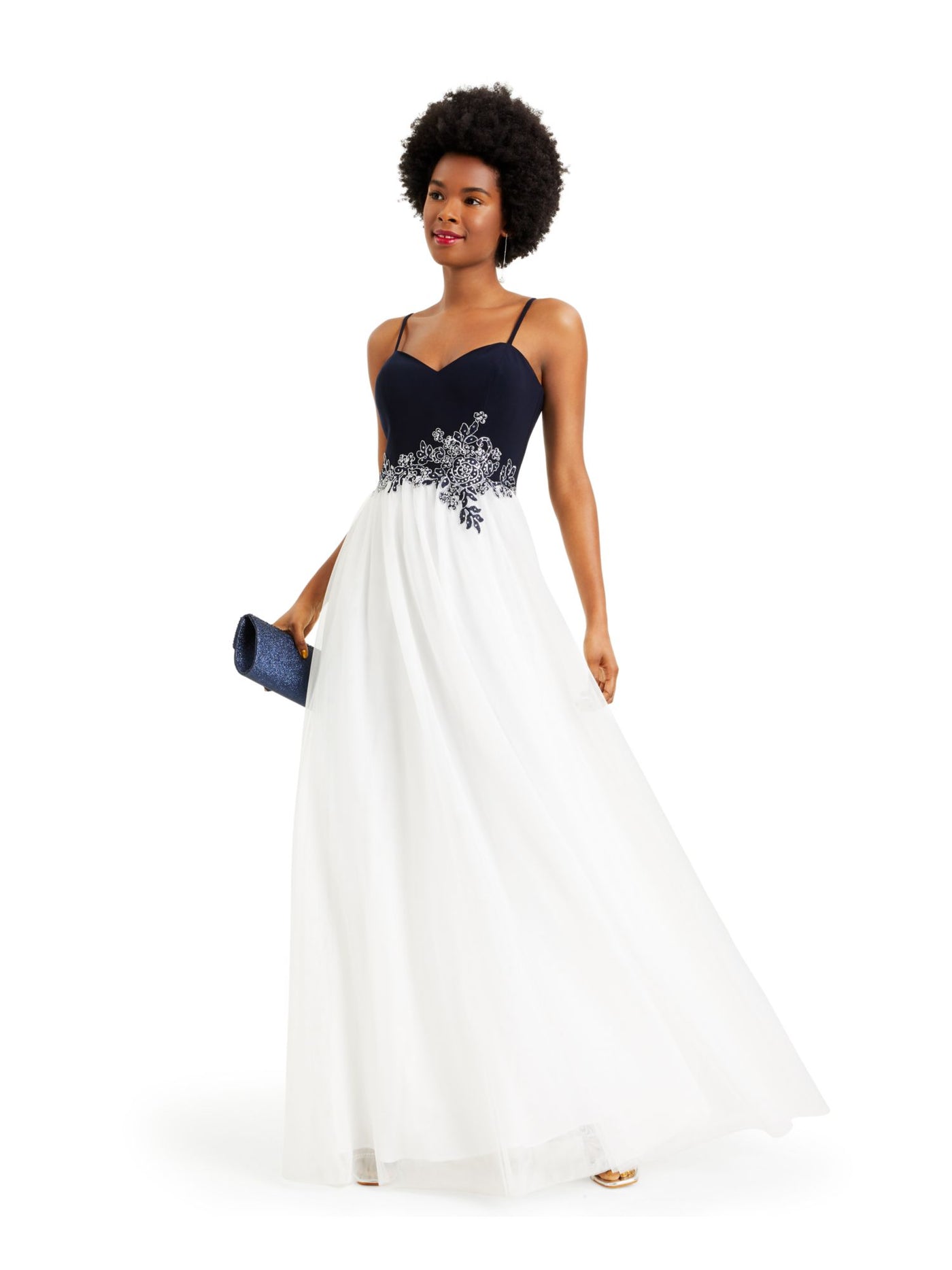 BLONDIE Womens White Embellished Spaghetti Strap V Neck Full-Length Prom Fit + Flare Dress Juniors 1