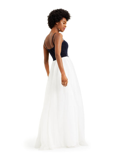 BLONDIE Womens White Embellished Spaghetti Strap V Neck Full-Length Prom Fit + Flare Dress Juniors 11