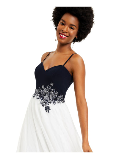 BLONDIE Womens White Embellished Spaghetti Strap V Neck Full-Length Prom Fit + Flare Dress Juniors 1