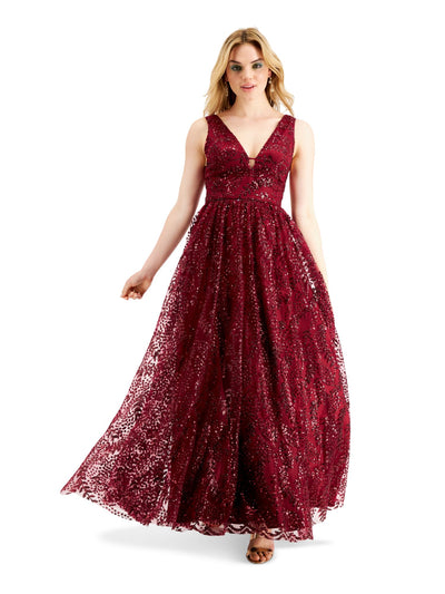 BLONDIE NITES Womens Maroon Sequined Sleeveless V Neck Full-Length Formal Fit + Flare Dress Juniors 7