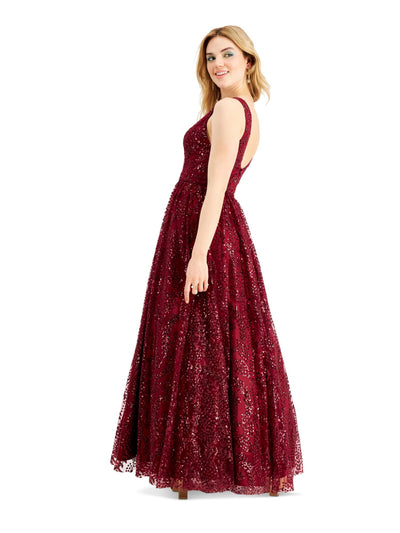 BLONDIE NITES Womens Burgundy Sequined Sleeveless V Neck Full-Length Formal Fit + Flare Dress 1