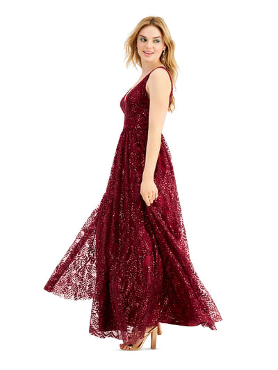 BLONDIE NITES Womens Burgundy Sequined Sleeveless V Neck Full-Length Formal Fit + Flare Dress Juniors 5