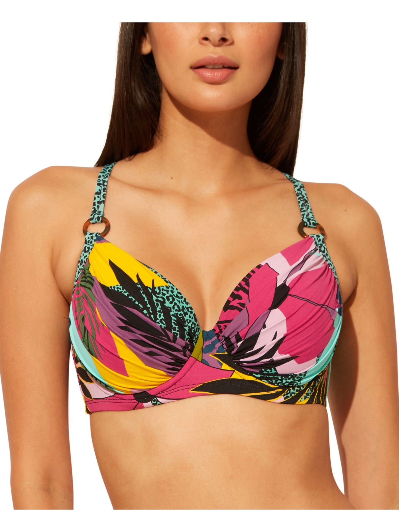 BLEU Women's Black Tropical Print Stretch Ring Molded Cup Sweetheart Bra Swimsuit Top 34D