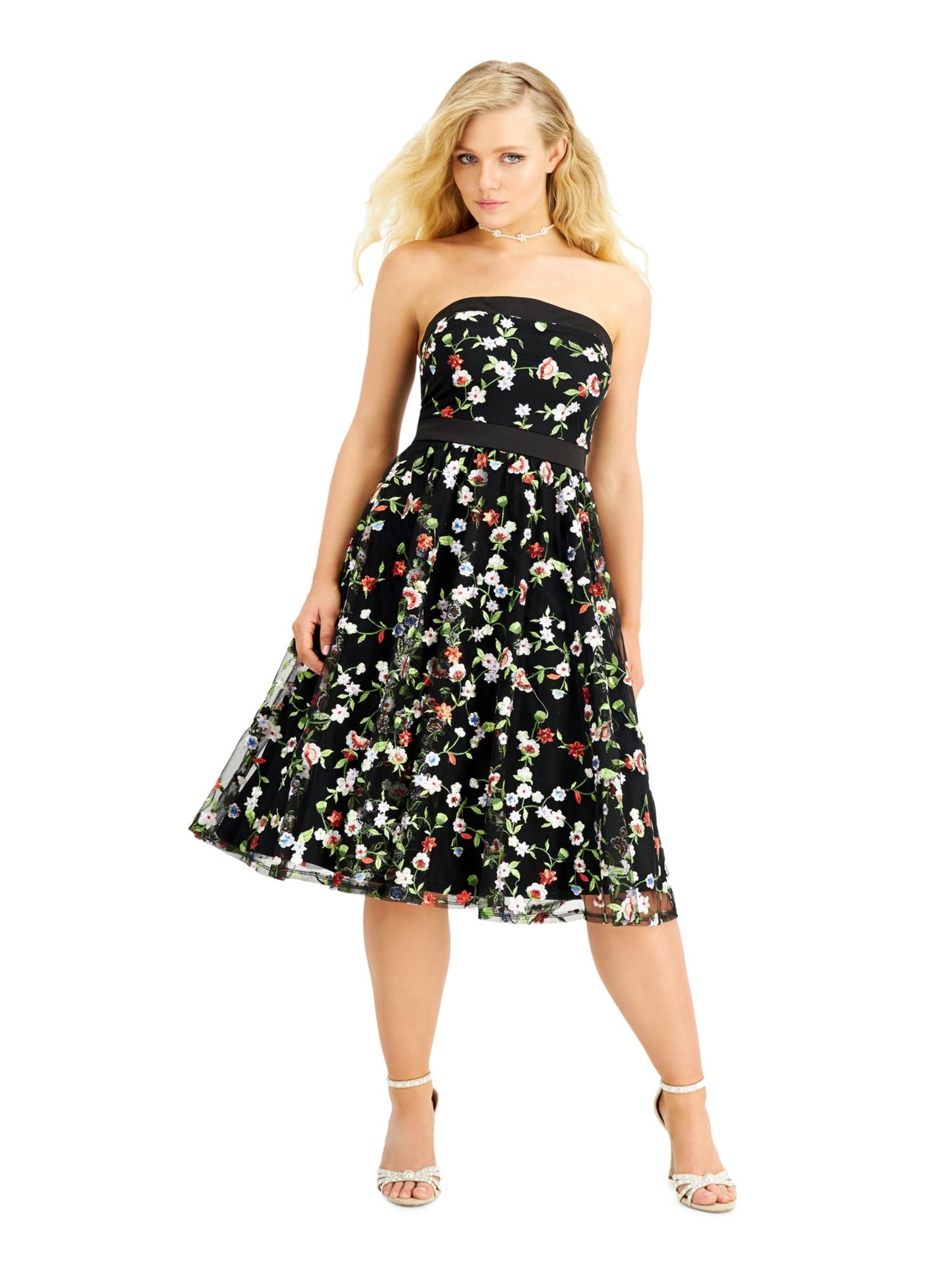 CITY STUDIO Womens Black Embroidered Satin Accent Floral Strapless Midi Party Fit + Flare Dress Juniors 0