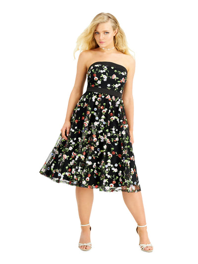 CITY STUDIO Womens Black Embroidered Satin Accent Floral Strapless Midi Party Fit + Flare Dress 0