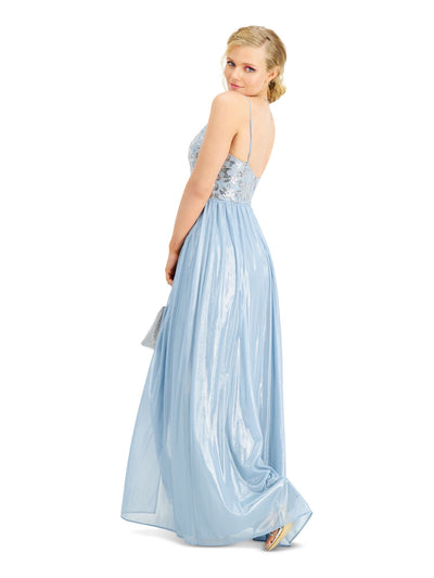 CITY STUDIO Womens Light Blue Embellished Shimmer Spaghetti Strap Full-Length Prom Fit + Flare Dress Juniors 9