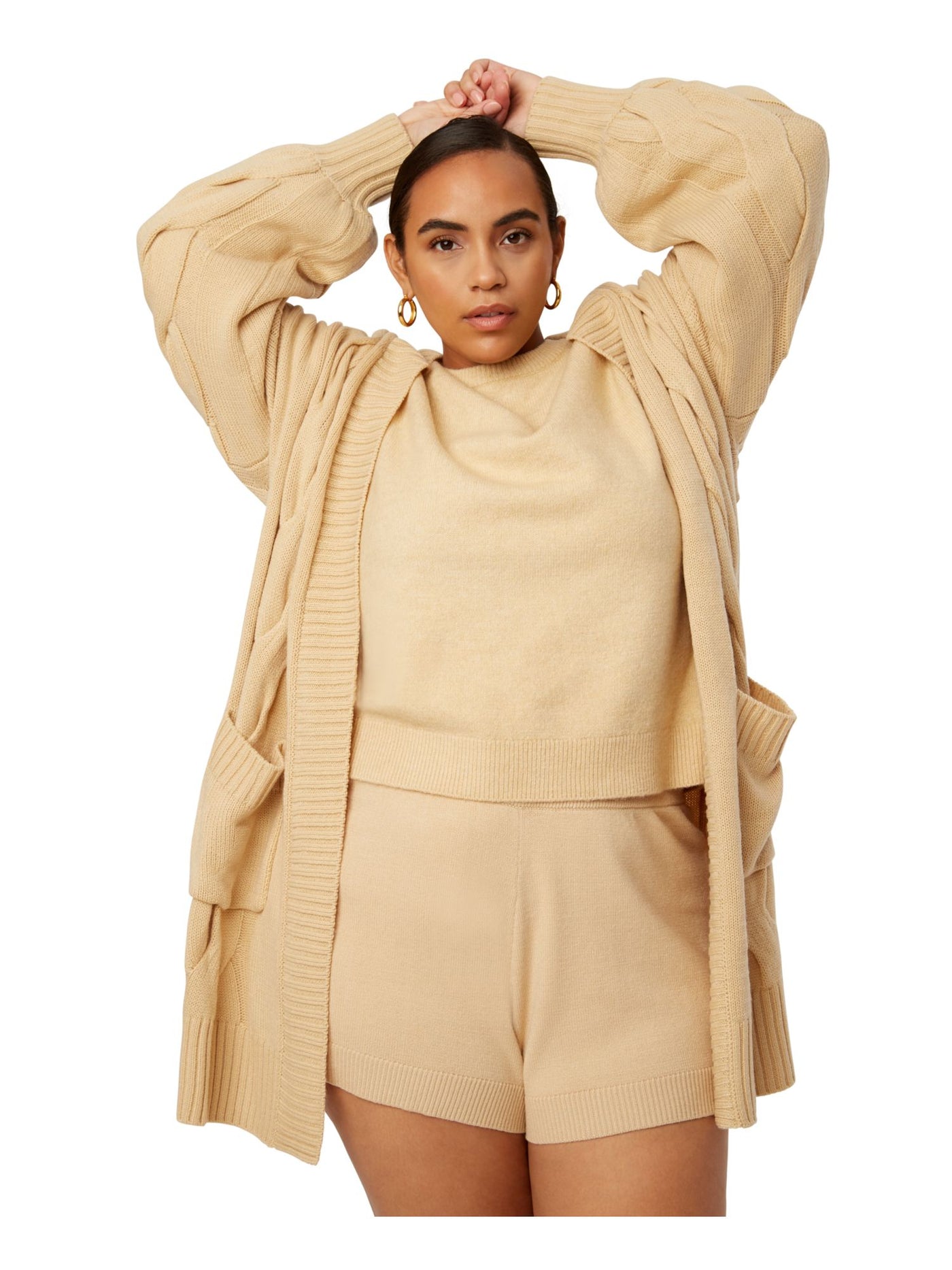 DANIELLE BERNSTEIN Womens Beige Textured Oversized Cable Long Sleeve Open Cardigan Sweater XL