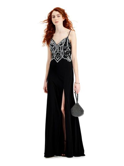 B DARLIN Womens Black Embellished Slitted Spaghetti Strap V Neck Full-Length Prom Shift Dress Juniors 11\12