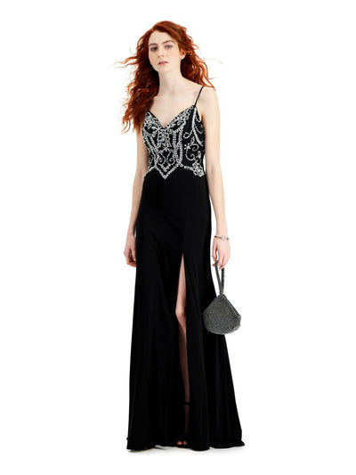 B DARLIN Womens Black Embellished Slitted Spaghetti Strap V Neck Full-Length Prom Shift Dress 13\14