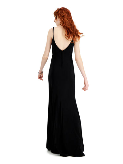 B DARLIN Womens Black Embellished Slitted Spaghetti Strap V Neck Full-Length Prom Shift Dress 5\6