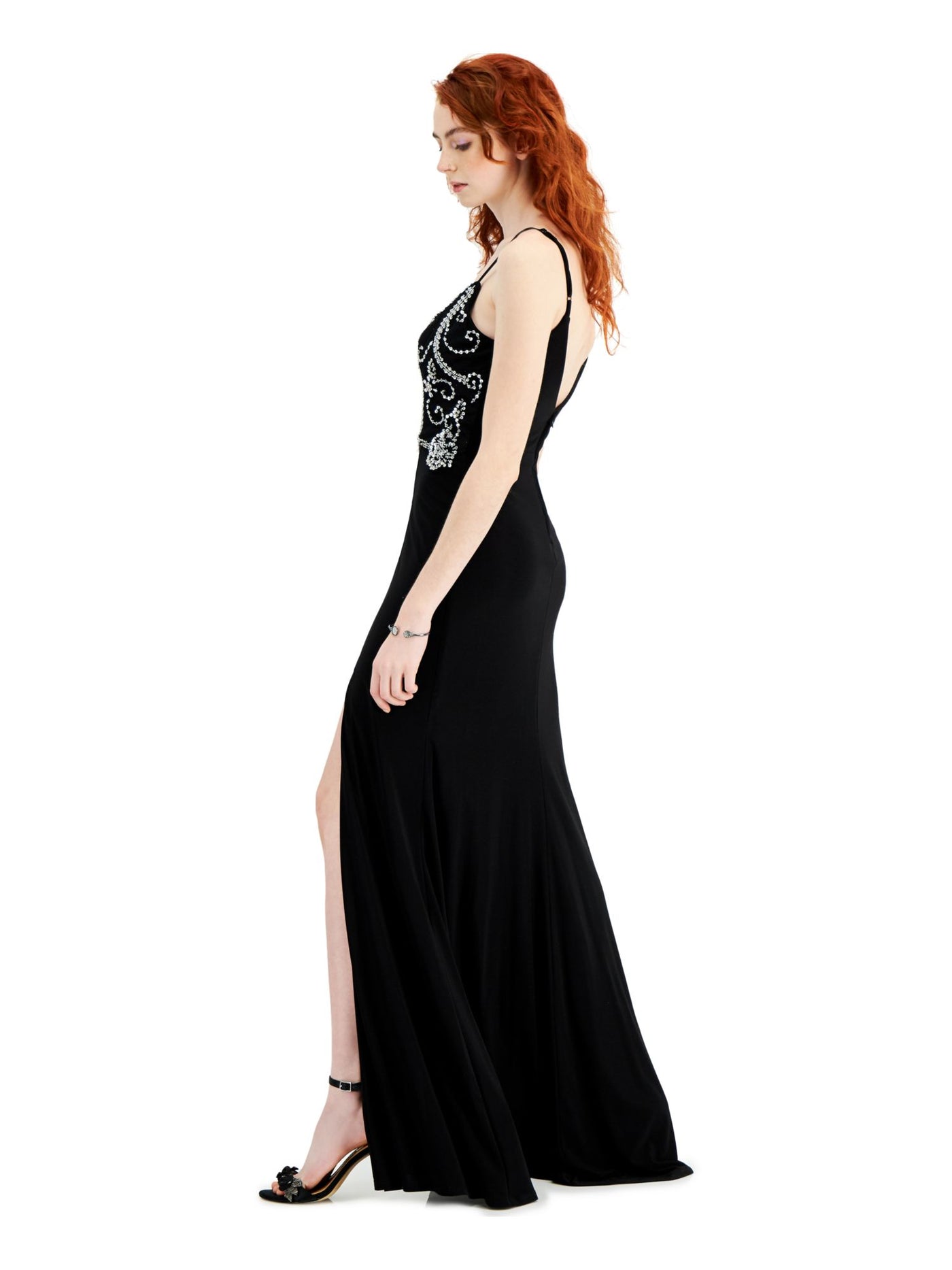 B DARLIN Womens Black Embellished Slitted Spaghetti Strap V Neck Full-Length Prom Shift Dress Juniors 13\14