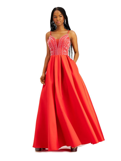 SAY YES TO THE PROM Womens Red Embellished Spaghetti Strap V Neck Full-Length Prom Fit + Flare Dress Juniors 1\2