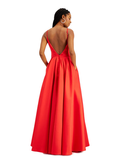 SAY YES TO THE PROM Womens Red Embellished Spaghetti Strap V Neck Full-Length Prom Fit + Flare Dress 1\2