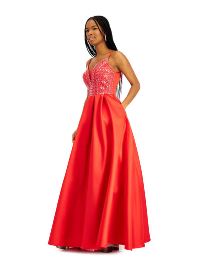 SAY YES TO THE PROM Womens Red Embellished Spaghetti Strap V Neck Full-Length Prom Fit + Flare Dress 9\10