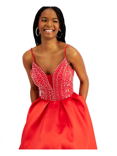 B DARLIN Womens Red Embellished Spaghetti Strap V Neck Full-Length Prom Fit + Flare Dress Juniors 5\6