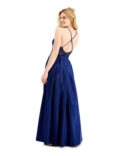 CITY STUDIO Womens Navy Glitter Spaghetti Strap V Neck Maxi Fit + Flare Prom Dress 5