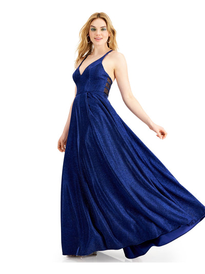 CITY STUDIO Womens Blue Glitter Spaghetti Strap V Neck Maxi  Fit + Flare Prom Dress Juniors 11