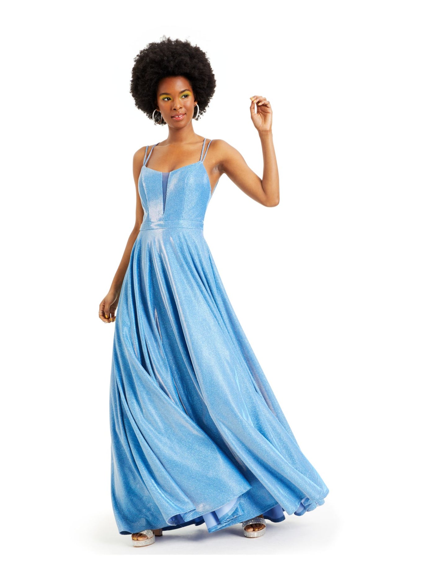 CITY STUDIO Womens Blue Glitter Spaghetti Strap Sweetheart Neckline Full-Length Fit + Flare Prom Dress 3