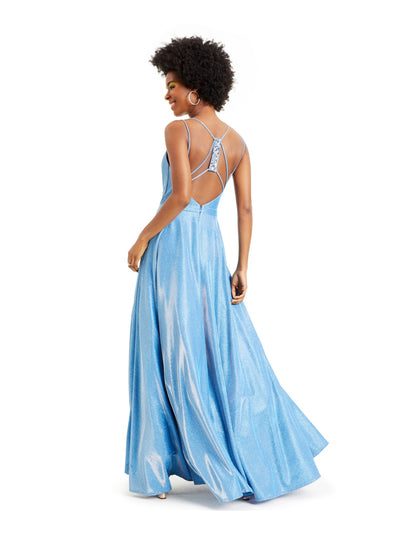 CITY STUDIO Womens Blue Glitter Spaghetti Strap Sweetheart Neckline Full-Length  Fit + Flare Prom Dress Juniors 1