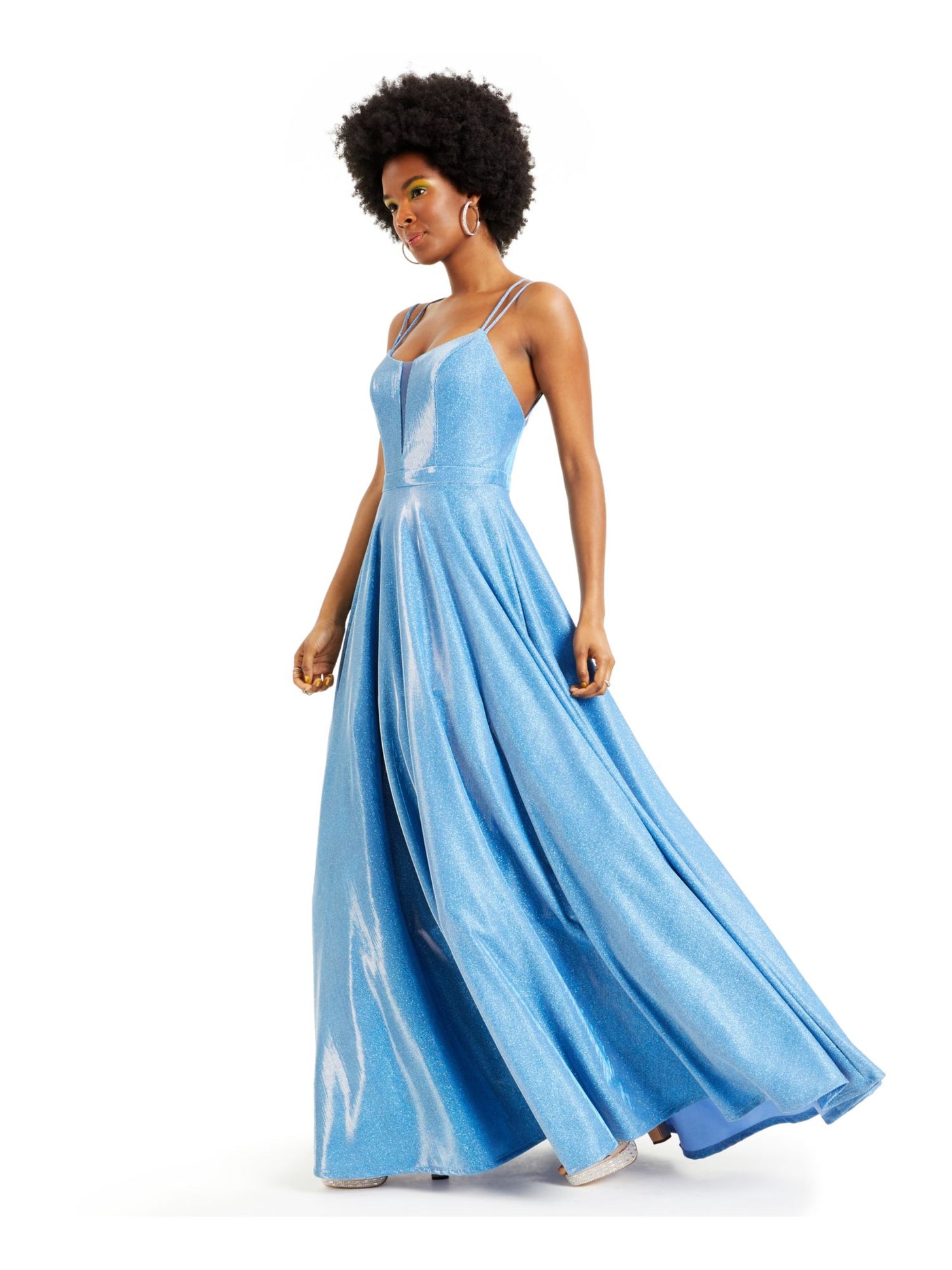 CITY STUDIO Womens Blue Glitter Spaghetti Strap Sweetheart Neckline Full-Length  Fit + Flare Prom Dress Juniors 1