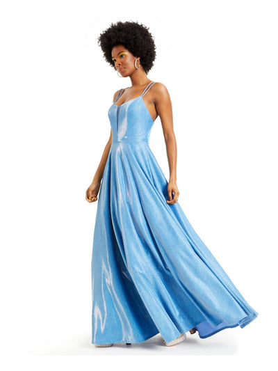 CITY STUDIO Womens Blue Glitter Spaghetti Strap Sweetheart Neckline Full-Length  Fit + Flare Prom Dress Juniors 0