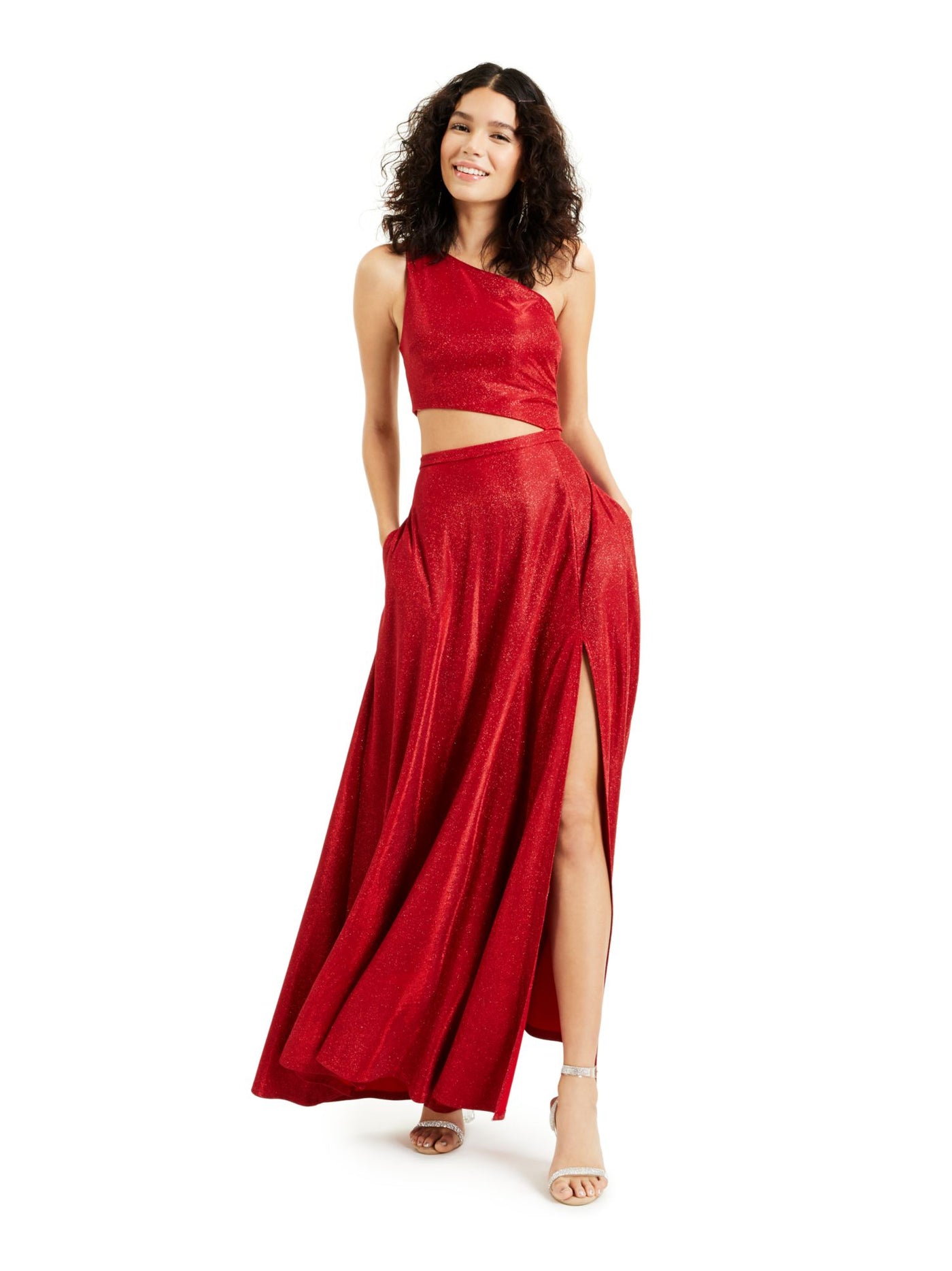CITY STUDIO Womens Red Glitter Cut Out Pocketed Sleeveless Asymmetrical Neckline Maxi Prom Dress Juniors 13