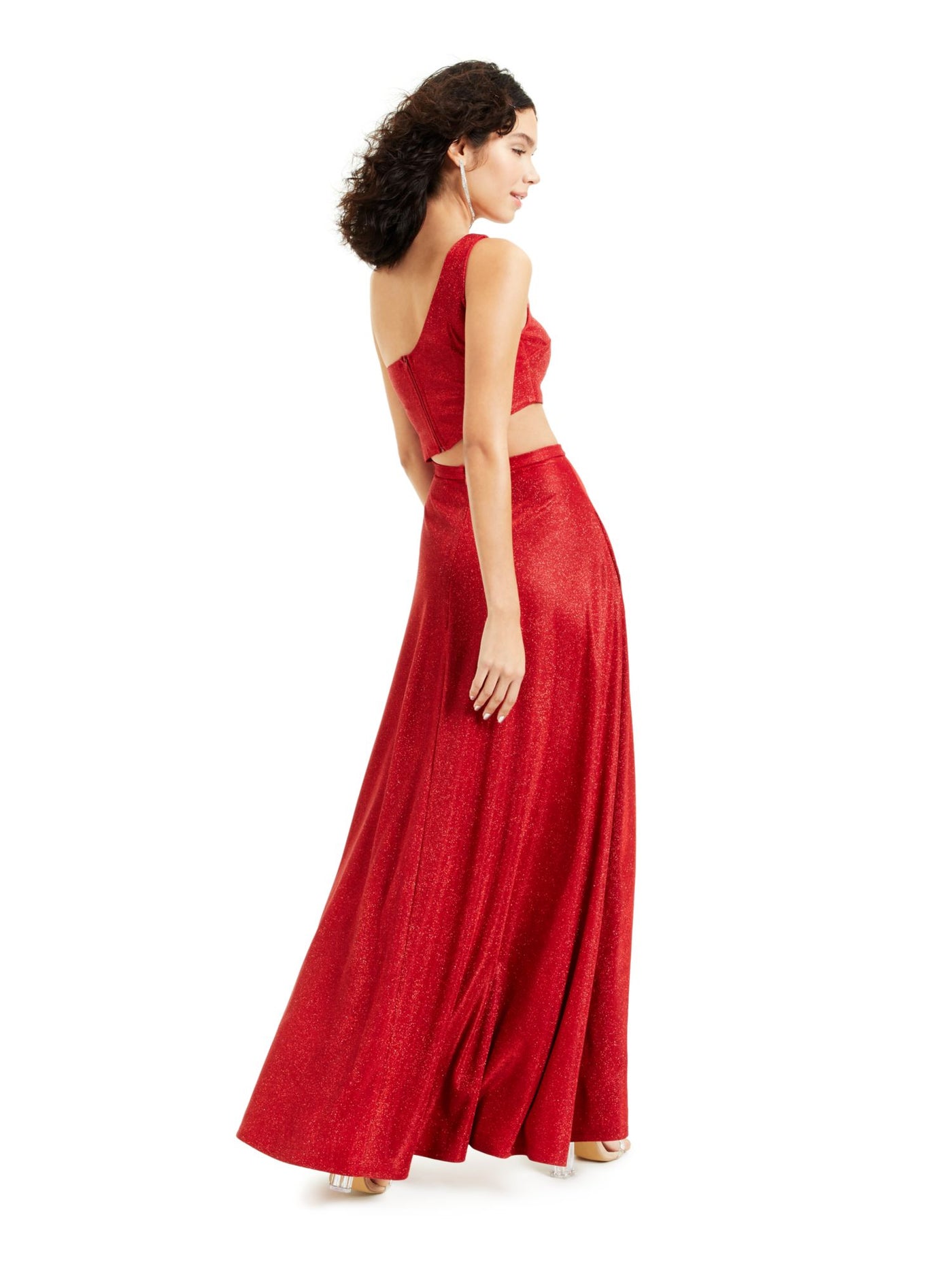 CITY STUDIO Womens Red Glitter Cut Out Pocketed Sleeveless Asymmetrical Neckline Maxi Prom Dress Juniors 0