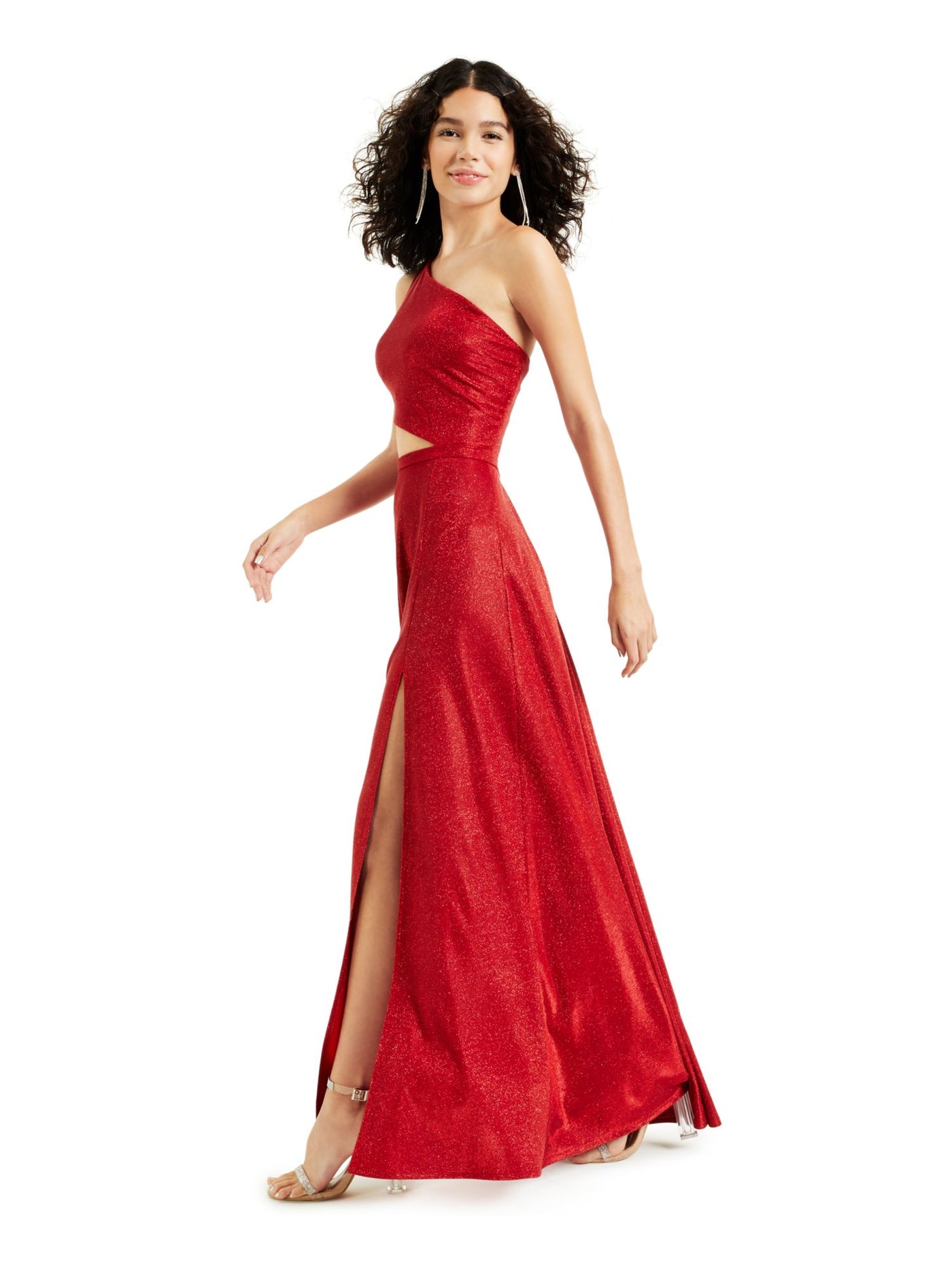 CITY STUDIO Womens Red Glitter Cut Out Pocketed Sleeveless Asymmetrical Neckline Maxi Prom Dress Juniors 11