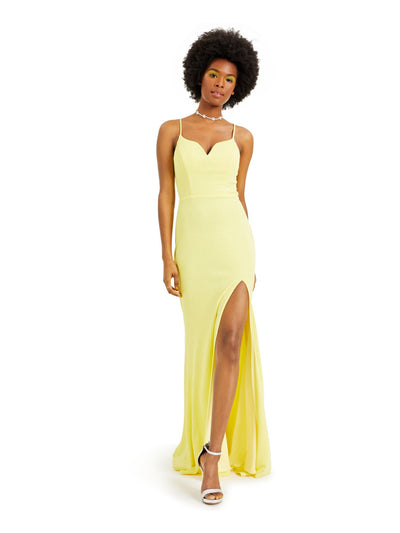 CITY STUDIO Womens Yellow Glitter Slitted Spaghetti Strap Sweetheart Neckline Full-Length Body Con Prom Dress 11