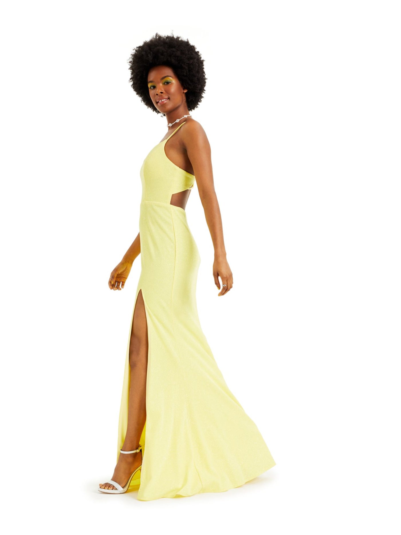 CITY STUDIO Womens Yellow Glitter Slitted Spaghetti Strap Sweetheart Neckline Full-Length Body Con Prom Dress 17