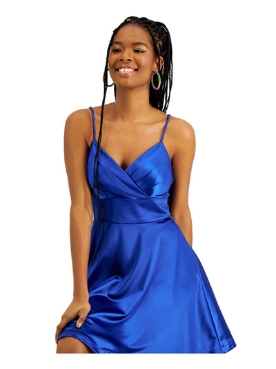 CITY STUDIO Womens Blue Stretch Zippered Pleated Wide Front Waistband Scoop Back Spaghetti Strap Surplice Neckline Short Party Fit + Flare Dress 7