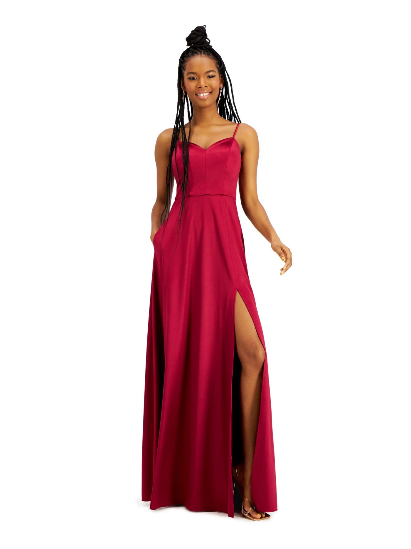 CITY STUDIO Womens Burgundy Slitted Spaghetti Strap Full-Length  Fit + Flare Prom Dress Juniors 7