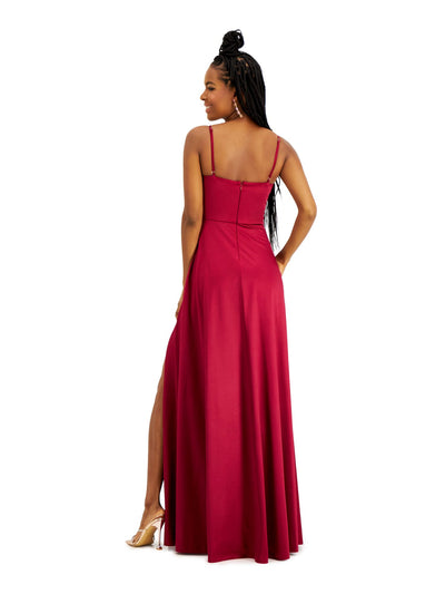 CITY STUDIO Womens Burgundy Slitted Spaghetti Strap Full-Length Fit + Flare Prom Dress 5