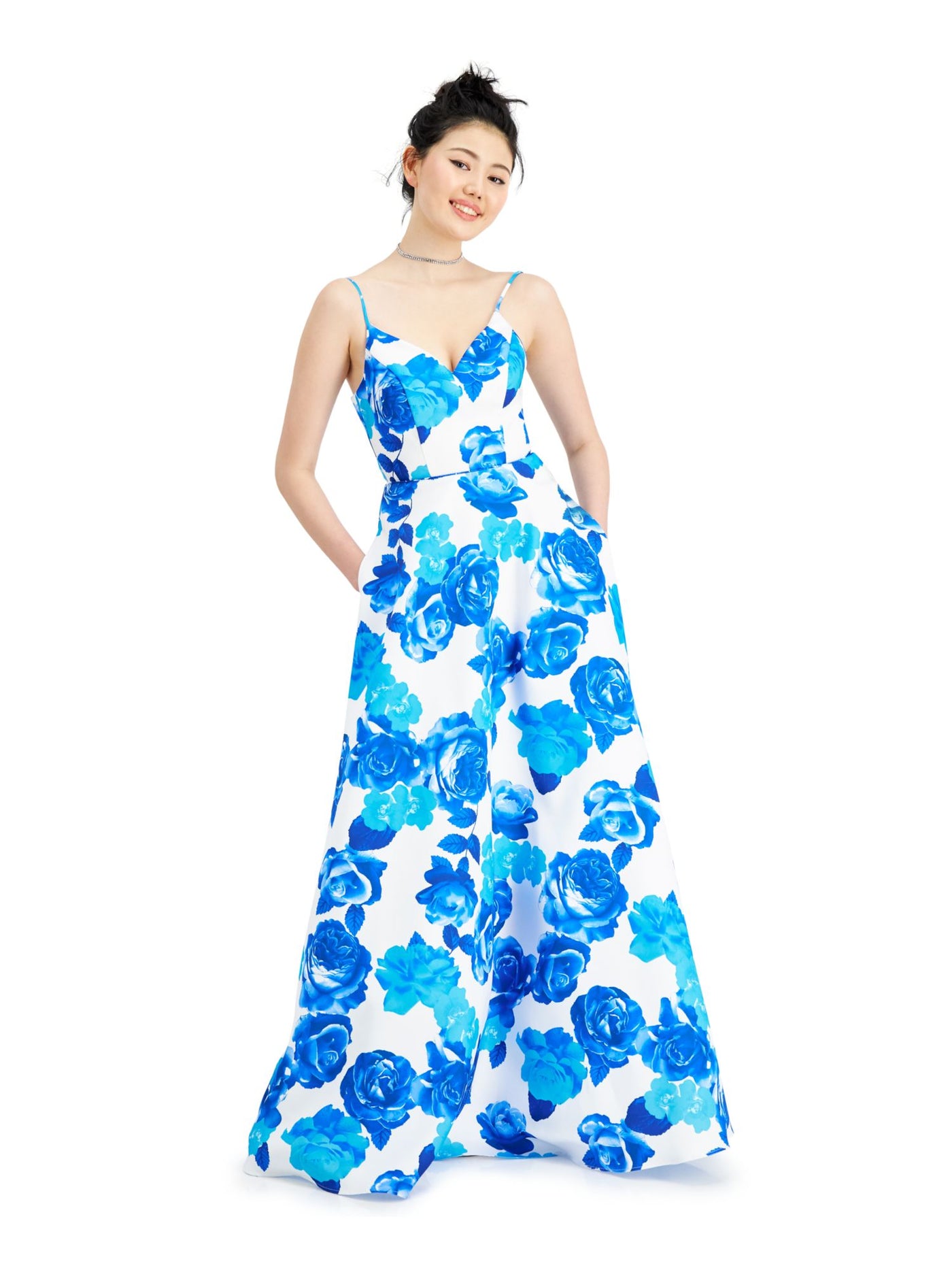 CITY STUDIO Womens Blue Floral Spaghetti Strap V Neck Full-Length Fit + Flare Prom Dress 1