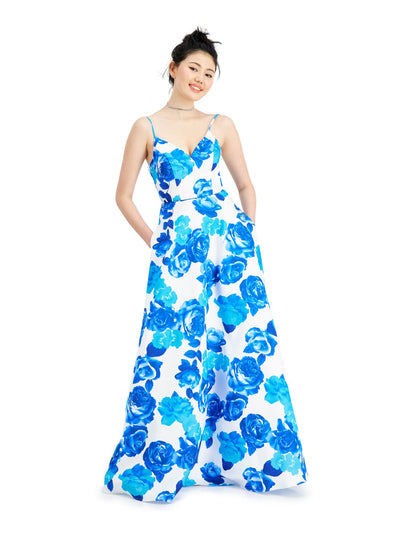 CITY STUDIO Womens Blue Floral Spaghetti Strap V Neck Full-Length  Fit + Flare Prom Dress Juniors 13