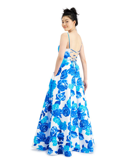 CITY STUDIO Womens Blue Floral Spaghetti Strap V Neck Full-Length  Fit + Flare Prom Dress Juniors 0