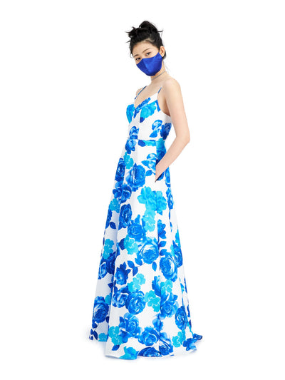 CITY STUDIO Womens Blue Floral Spaghetti Strap V Neck Full-Length Fit + Flare Prom Dress 1