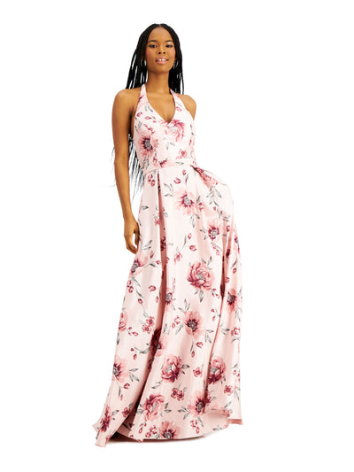 CITY STUDIO Womens Pink Floral Sleeveless Halter Full-Length  Fit + Flare Prom Dress Juniors 1