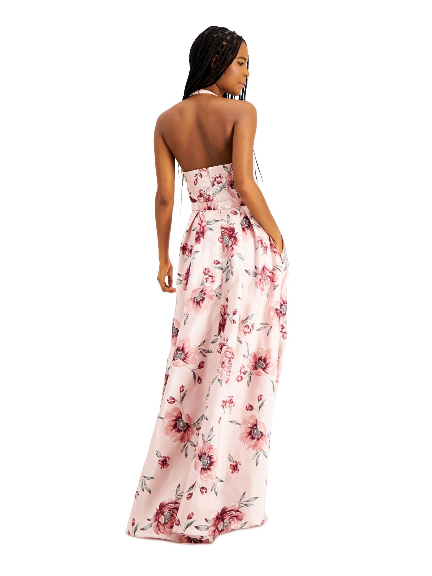 CITY STUDIO Womens Pink Floral Sleeveless Halter Full-Length Fit + Flare Prom Dress 5