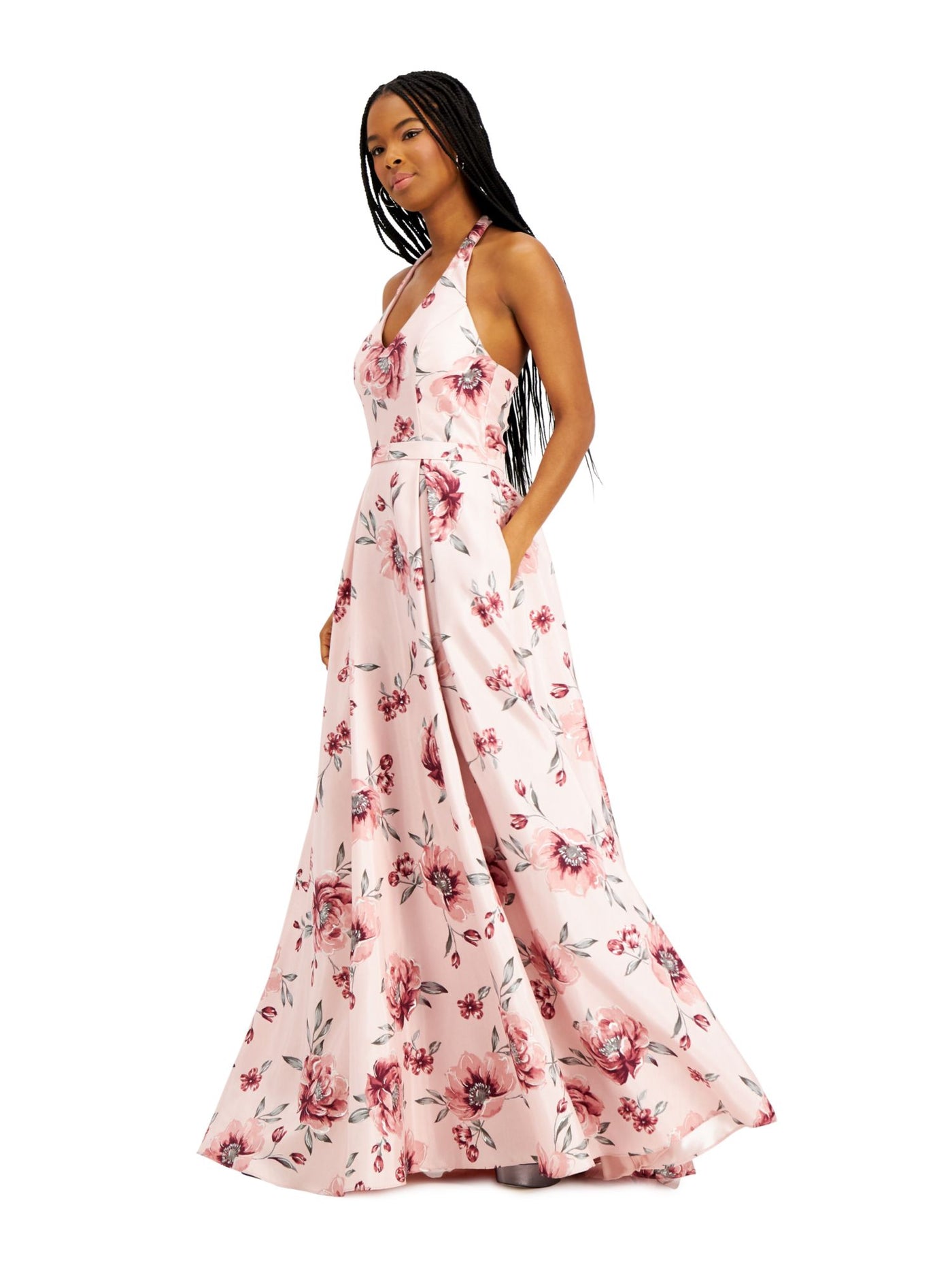 CITY STUDIO Womens Pink Floral Sleeveless Halter Full-Length Fit + Flare Prom Dress 3