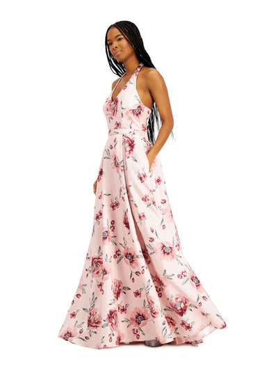 CITY STUDIO Womens Pink Floral Sleeveless Halter Full-Length  Fit + Flare Prom Dress Juniors 9