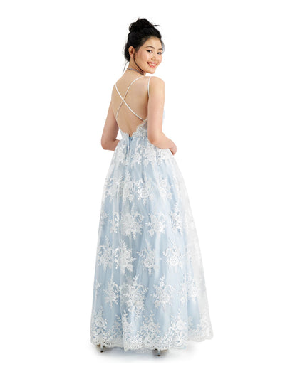 SAY YES TO THE PROM Womens Light Blue Sheer Zippered Patterned Spaghetti Strap V Neck Full-Length Prom Fit + Flare Dress Juniors 7\8