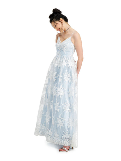 B DARLIN Womens Sheer Zippered Spaghetti Strap V Neck Full-Length Prom Fit + Flare Dress