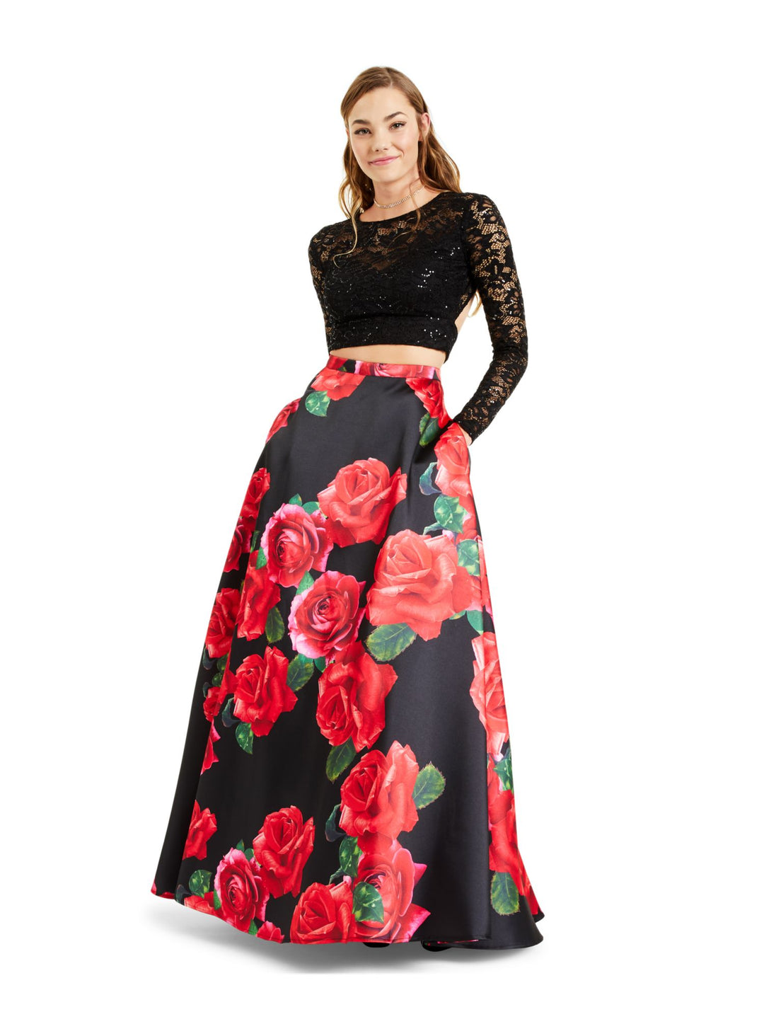 B DARLIN Womens Sequined Floral Long Sleeve Scoop Neck Full-Length Pro –  Bobbi + Bricka