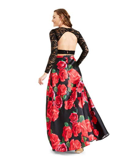 B DARLIN Womens Sequined Floral Long Sleeve Scoop Neck Full-Length Prom Fit + Flare Crop Top Dress